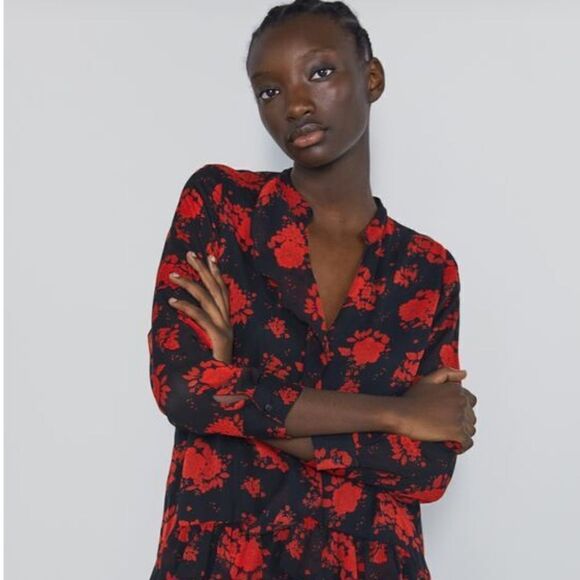 Zara Rose Floral Print Black Red Tiered Ruffle Dress - Picture 9 of 9